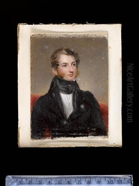 A Gentleman, Seated On A Red Upholstered Chair, Wearing Black Coat With White Shirt And Tied Black Stock Oil Painting by Hargreaves, Thomas