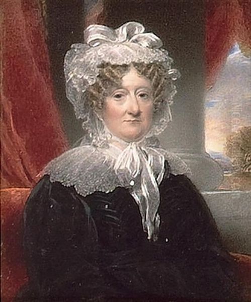 A Lady, Wearing Black Dress And White Lace Indoor Bonnet Tied Under Her Chin (+ A Gentleman, Wearing Black Coat, Frilled White Chemise And White Cravat; Pair) Oil Painting by Hargreaves, Thomas
