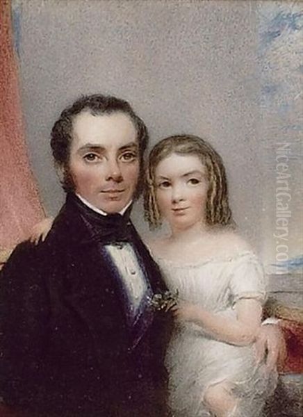 A Father And Daughter, Seated Before An Open Window: He, Wearing Black Coat, Blue Waistcoat, White Chemise And Black Stock; She, Wearing White Dress And Holding A Small Posy Oil Painting by Hargreaves, Thomas