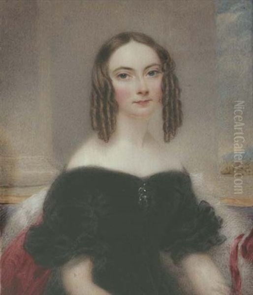 A Young Lady, Seated In A Blue Upholstered Chair, In Black Velvet Dress, Drop Jewel Pendant At Corsage, White Fur-bordered Red Cloak, Her Centre-parted Light Brown Hair Dressed In Ringlets Oil Painting by Hargreaves, Thomas