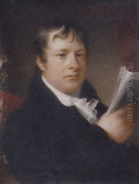 Rev. William Shepard In A Black Coat And Frilled White Cravat, Holding A Document, Seated In A Crimson Chair; Drapery Background Oil Painting by Hargreaves, Thomas