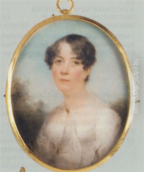 A Young Lady In A White Dress With A Transparent Stole Over Her Shoulders With A Brooch Clasp, Dark Curling Hair; Landscape Background Oil Painting by Hargreaves, Thomas