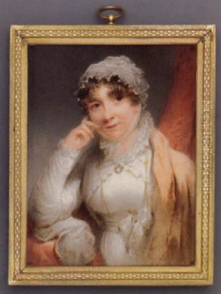 Anne Earle In White Dress, Lace-bordered White Surcoat, Pale Pink Cashmere Stole, A Lorgnette On A Chain Pinned At Waist, Lace Mob Cap Tied Under Her Chin Oil Painting by Hargreaves, Thomas