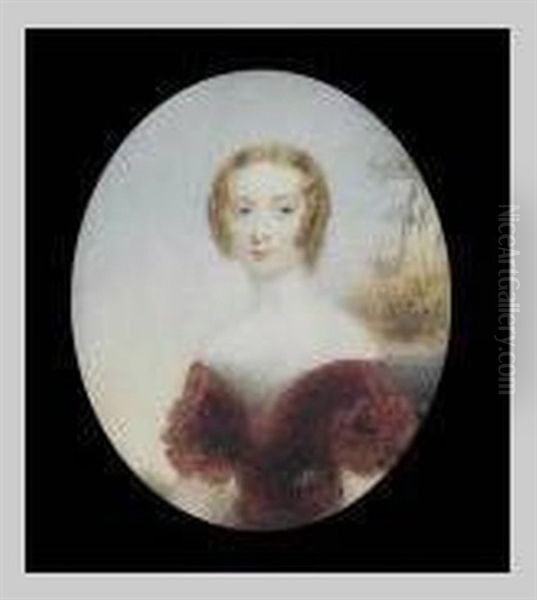 A Lady, Seated, Wearing Burgundy Dress With Short Sleeves And White Lace Underslip, Landscape Background Oil Painting by Hargreaves, Thomas