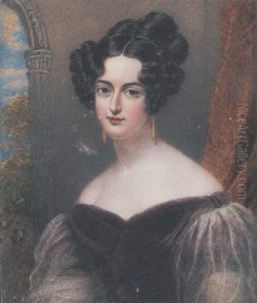 Jane Duthie Wearing Burgundy Velvet Dress With Puffed Transparent Sleeves, Drop Gold Earrings, Her Dark Brown Hair Curled And Upswept Oil Painting by Hargreaves, Thomas
