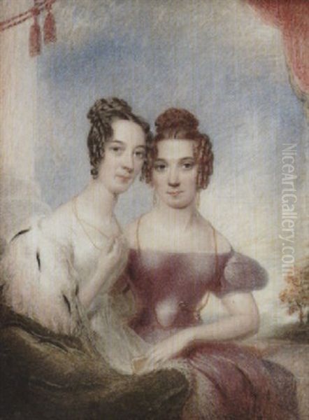 Grandmother Brierley And Great Aunt Morewood Seated By A Pillar, One Wearing White Dress And Ermine Shawl, The Other Wearing Mauve Dress, ... Oil Painting by Hargreaves, Thomas