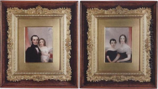 Family Portrait Of A Father Wearing Black Coat, Blue Waistcoat And Black Stock, Holding His Daughter Oil Painting by Hargreaves, Thomas