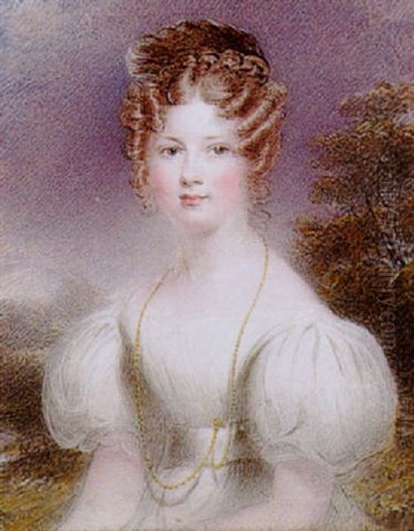 A Portrait Of A Young Lady With Hair Piled High In Ringlets Wearing A White Dress Oil Painting by Hargreaves, Thomas