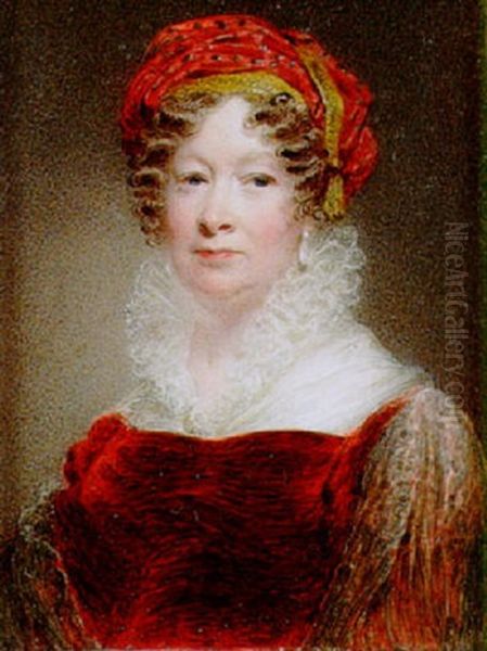 A Lady Seated In An Upholstered Chair Wearing Burgundy Colored Dress Oil Painting by Hargreaves, Thomas