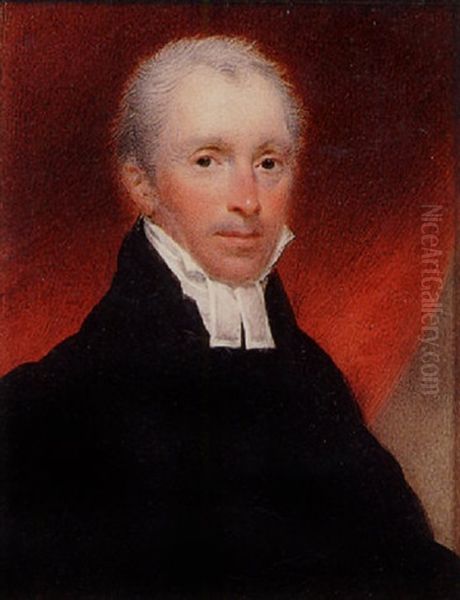 A Vicar, Wearing Black Robes And White Bands, Red Drapery Behind Oil Painting by Hargreaves, Thomas