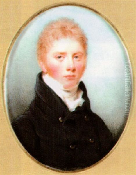 A Young Gentleman, With Side Whiskers, Wearing Blue Coat With Gold Buttons, White Waistcoat, Stock And Cravat Oil Painting by Hargreaves, Thomas