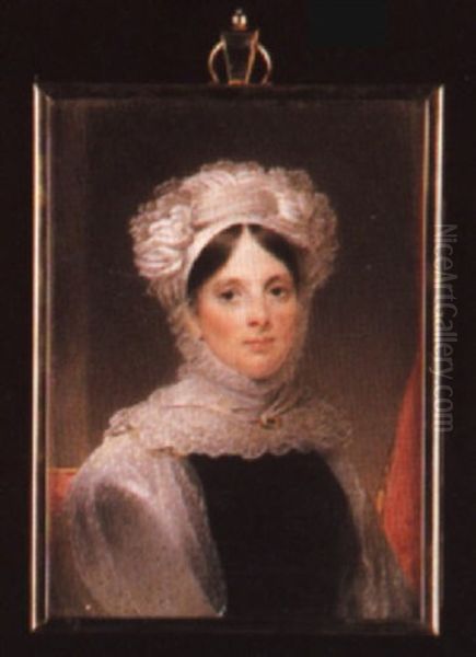 Portrait Of A Lady Seated Before A Red Curtain, Wearing A Lace Shawl Over Her Black Dress Oil Painting by Hargreaves, Thomas