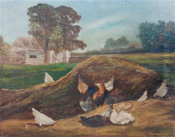 Farm Landscape With Chickens Oil Painting by Paul Harney Jr.