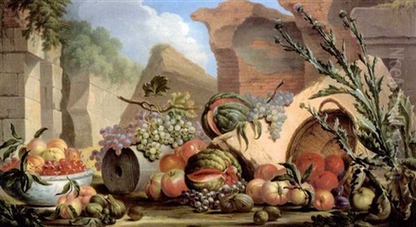 Fruchtestilleben Vor Romischen Ruinen In Einer Campagnalandschaft Oil Painting by Adolf Friedrich Harper
