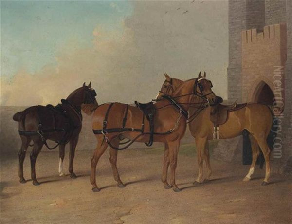 Deux Chevaux D'attelage Et Un Hunter Harnaches Devant Un Chateau Oil Painting by Robert Harrington