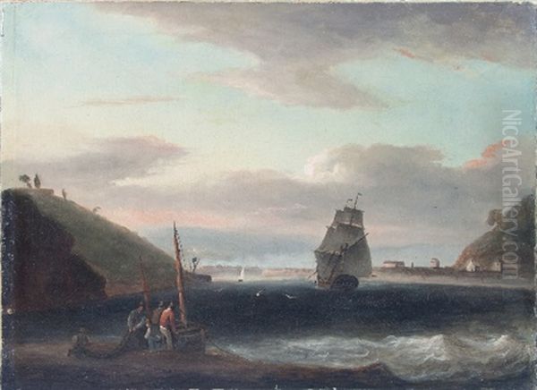 Fisherfolk On The Foreshore With Shipping In The Distance Oil Painting by James Harris of Swansea