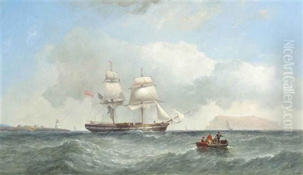 An English Brig Under Reduced Sail Off The Coast With An Island Off Her Port Bow Oil Painting by James Harris of Swansea