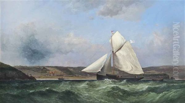 A Racing Cutter Sailing Inshore Off The Worm's Head, Wales; A Gaff-rigged Boat Off The Mumbles, Swansea, Wales... (2 Works) Oil Painting by James Harris of Swansea