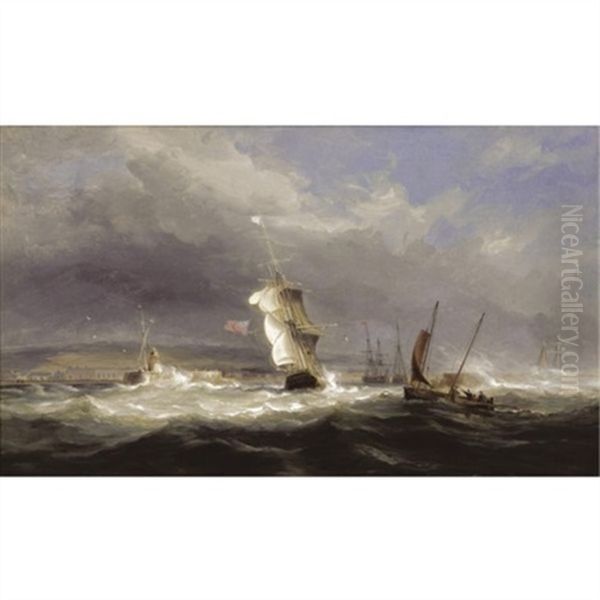 Shipping In A Squall Off Swansea Harbour Oil Painting by James Harris of Swansea