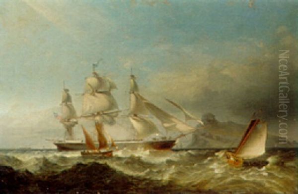 A Clipper Ship Off The Mumbles Lighthouse, Swansea Oil Painting by James Harris of Swansea