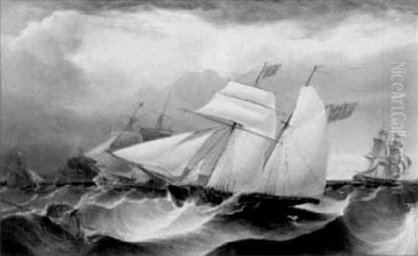 A British Schooner And Other Shipping In Rough Seas Oil Painting by James Harris of Swansea