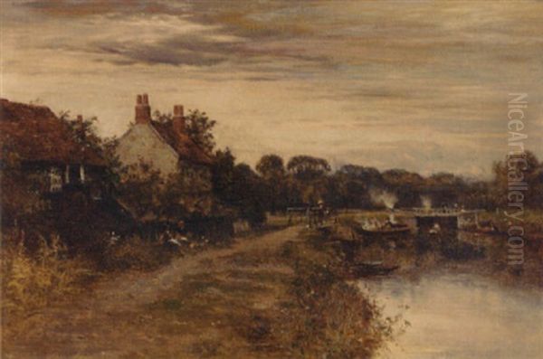 A Summer's Day By The Lock (the Thames?) Oil Painting by William E. Harris