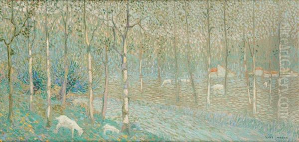 Chevres Paissant Sous Les Bouleaux Oil Painting by Ferdinand Hart Nibbrig