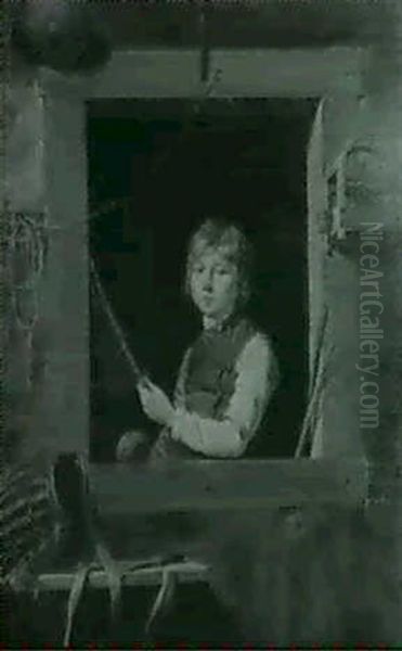 Portrait Of A Young Boy Half Length At A Window Holding A   Net, A Great Tit In A Cage To The Right Oil Painting by James Turpin Hart