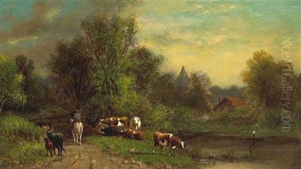 A Man On Horseback With Cattle Nearby Oil Painting by William M. Hart