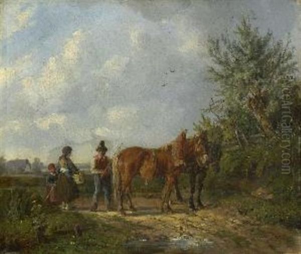 Bauernfamilie Mit Zwei Pferden Auf Dem Feldweg Oil Painting by Ludwig Hartmann