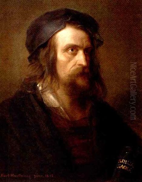 Portrait Of A Bearded Gentleman Wearing A Cap, Black Cloak And Red Shirt, Holding A Bible Oil Painting by Karl Hartmann