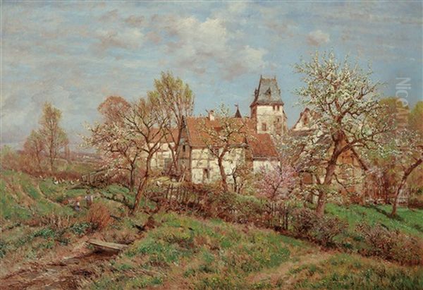 Niederrheinlandschaft Mit Einem Befestigten Bauerngehoft Zwischen Bluhenden Obstbaumen Oil Painting by Heinrich Hartung the Elder