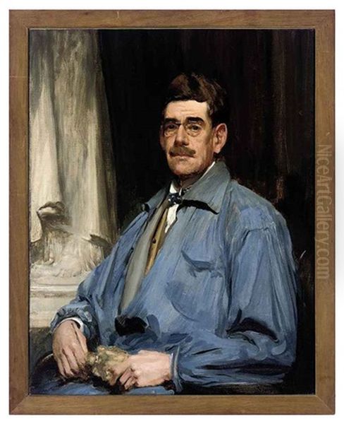 Self-portrait In Blue Overalls, A White Shirt And Bow-tie Oil Painting by Charles Leonard Hartwell