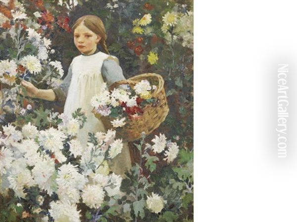 Picking Chrysanthemums Oil Painting by Harold Harvey