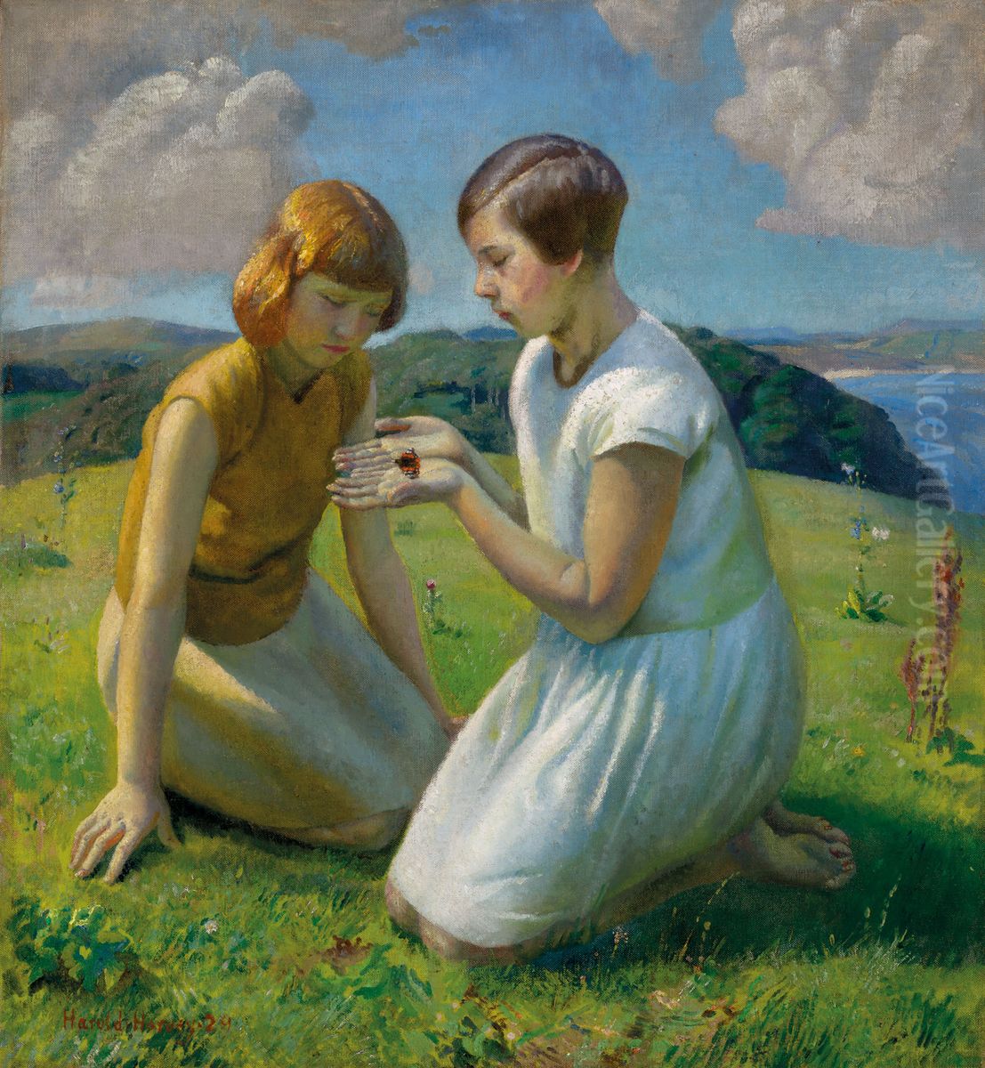Two Young Girls With A Butterfly Oil Painting by Harold Harvey