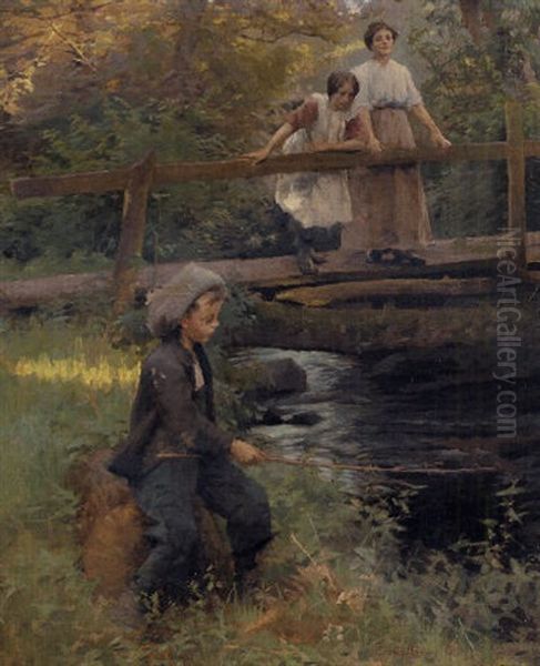 Fishing By A Forest Stream Oil Painting by Harold Harvey