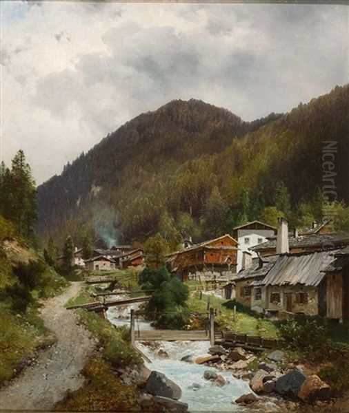 Blick Auf Malerisches Bergdorf Mit Wildbach Oil Painting by Carl Hasch