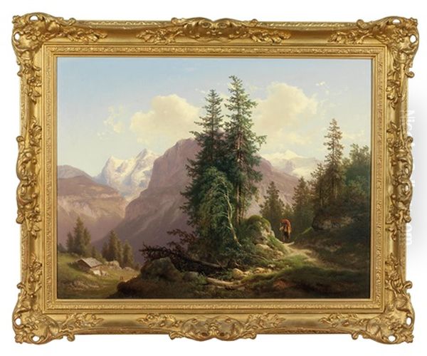 Eiger, Monch Und Silberhorn In Der Schweiz, Figural Staffiert Oil Painting by Carl Hasch