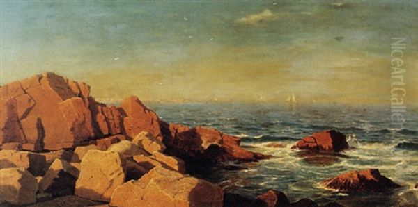 Rocky Coast With Sailboats In The Background Oil Painting by William Stanley Haseltine
