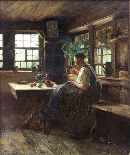 Woman Mending An Interior Oil Painting by Wilhelm Hasemann