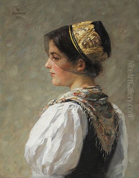 Junge Muhlenbacherin Mit Goldhaube Oil Painting by Wilhelm Hasemann