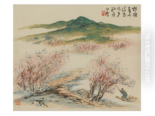 Peach Blossom And Boat Oil Painting by Kansetsu Hashimoto