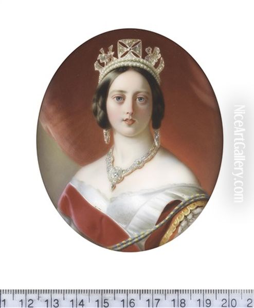 Queen Victoria (1819-1901), Queen Of The United Kingdom Of Great Britain And Ireland (1837-1901), Empress Of India (1876-1901), Wearing White Decollete Dress With Lace Trim Oil Painting by John Haslem