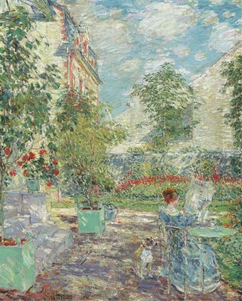 In A French Garden Oil Painting by Childe Hassam