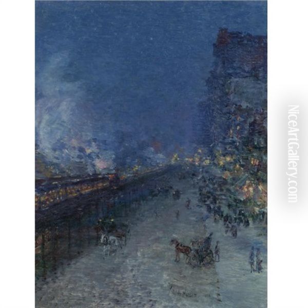 Sixth Avenue El-nocturne (the El, New York) Oil Painting by Childe Hassam