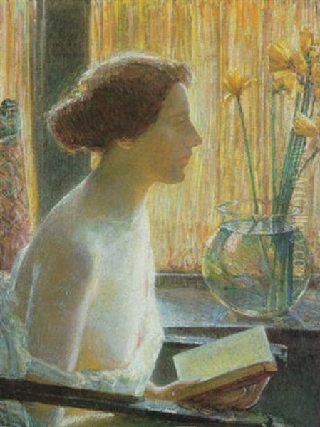 Young Girl Reading, Spring Oil Painting by Childe Hassam