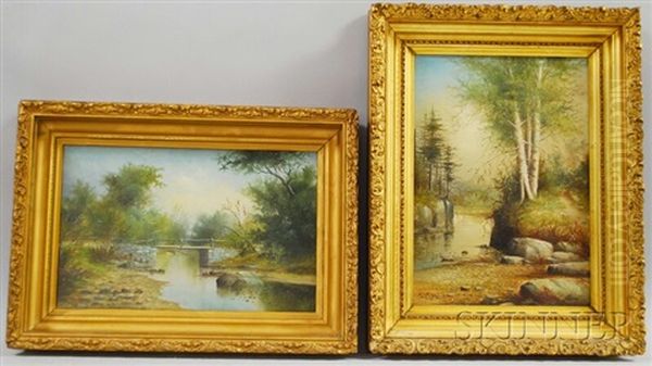 Woodland Stream And Country Bridge (2 Works) Oil Painting by George M. Hathaway