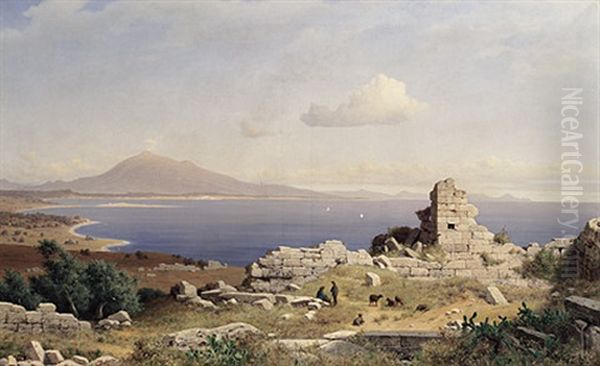 Blick Uber Alte Ruinen Auf Den Aetna Oil Painting by Michael Haubtmann