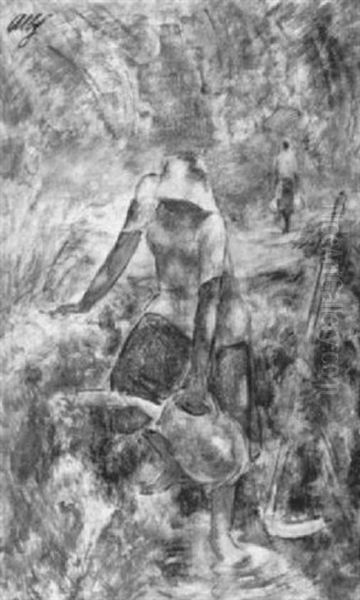 Bauerin An Der Quelle Oil Painting by Albert Haueisen
