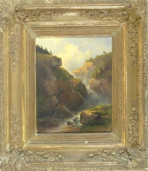 Zwei Rastende Wanderer An Einem Gebirgsbach Mit Wasserfall Oil Painting by Karl Franz Emanuel Haunold